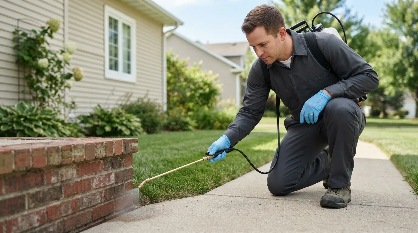 Pest control technician treating a home near Hopwood, PA