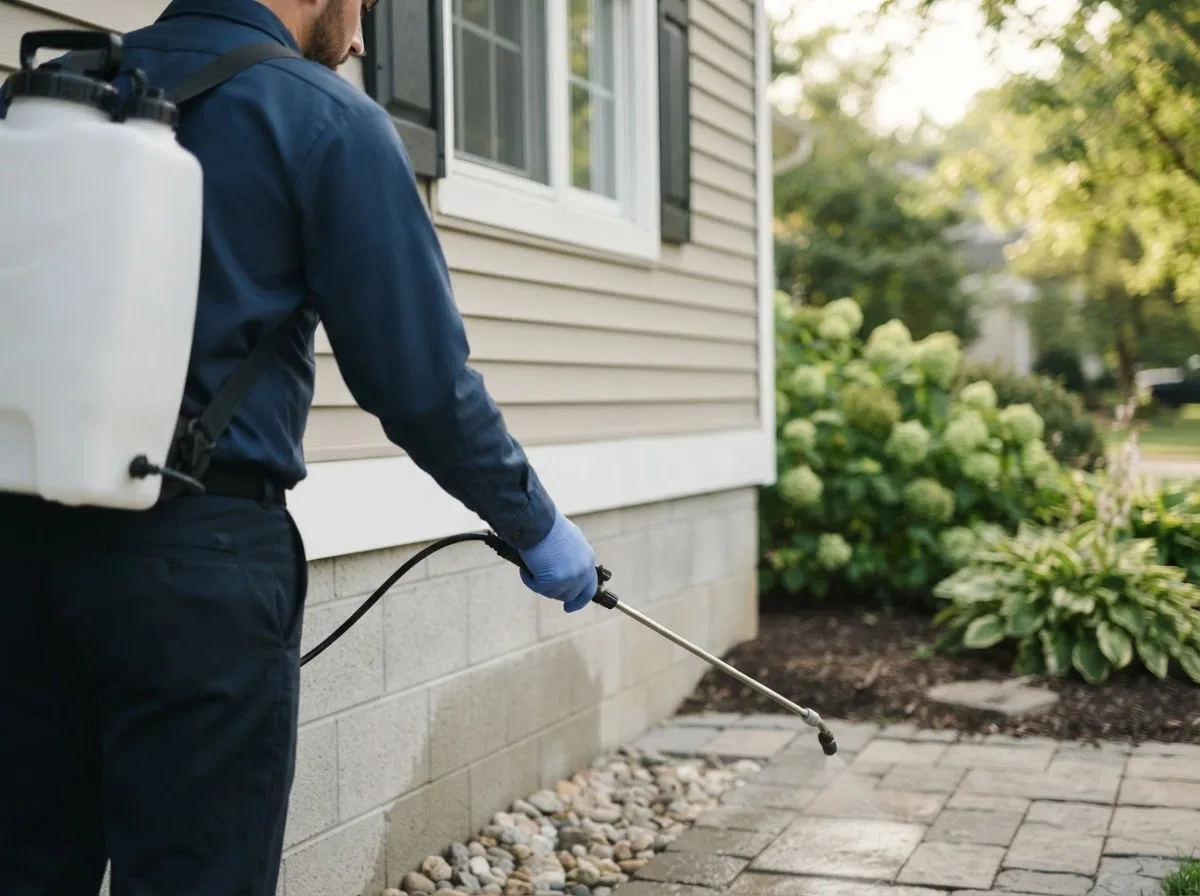 Pest control technician inspecting a home in Hopwood, PA